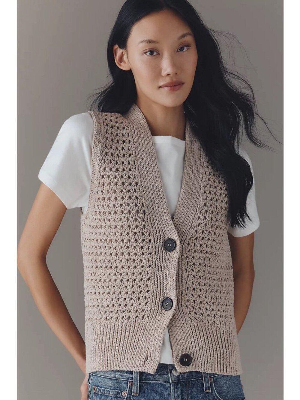 Anthropologie Maeve Crochet Knit Sweater Vest Oatmeal Chunky Granny Cottage M